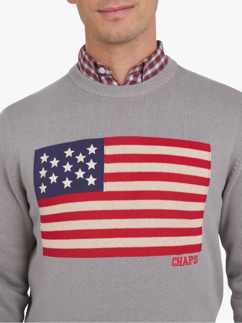 Chaps Gray Crewneck Sweater with Red, Blue, and White Flag Graphic Sz M Mens